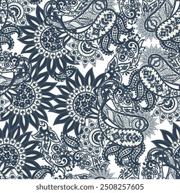 Turkish Cucumber Paisley seamless vector pattern in traditional Oriental style. Decorated with flowers, leaves, and fantasy elements, for fabric, textile and wallpaper covers