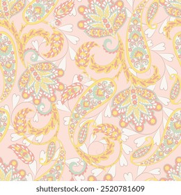 Turkish Cucumber Paisley seamless vector pattern in traditional Oriental style. Decorated with flowers, leaves, and fantasy elements, for fabric, textile and wallpaper covers