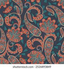 Turkish Cucumber Paisley seamless vector pattern in traditional Oriental style. Decorated with flowers, leaves, and fantasy elements, for fabric, textile and wallpaper covers