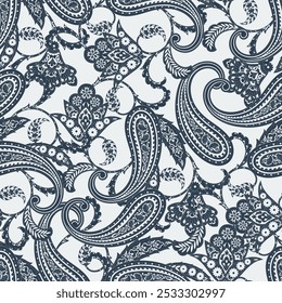 Turkish Cucumber Paisley. Seamless vector pattern in traditional oriental style with flowers, leaves and fantasy elements. Fabric and wallpaper cover