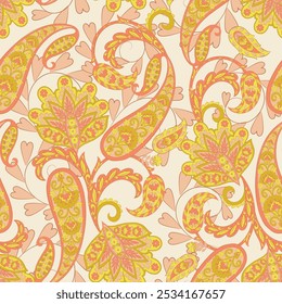 Turkish Cucumber Paisley seamless vector pattern in traditional Oriental style. Decorated with flowers, leaves, and fantasy elements, for fabric, textile and wallpaper covers