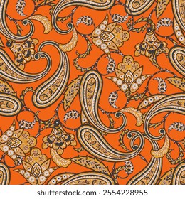 Turkish Cucumber Paisley. Seamless vector pattern in traditional oriental style with flowers, leaves and fantasy elements. Fabric and wallpaper cover