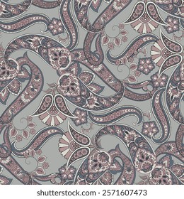 Turkish Cucumber Paisley. Seamless vector pattern in traditional oriental style with flowers, leaves and fantasy elements. Fabric and wallpaper cover