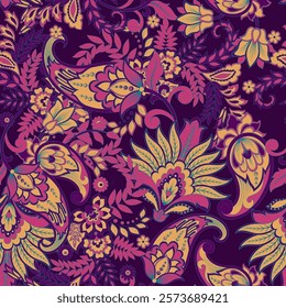 Turkish Cucumber Paisley seamless vector pattern in traditional Oriental style. Decorated with flowers, leaves, and fantasy elements, for fabric, textile and wallpaper covers