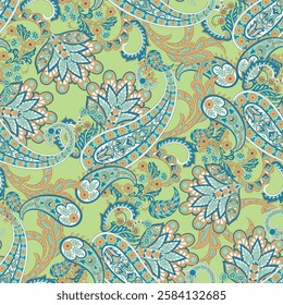 Turkish Cucumber Paisley seamless vector pattern in traditional Oriental style. Decorated with flowers, leaves, and fantasy elements, for fabric, textile and wallpaper covers