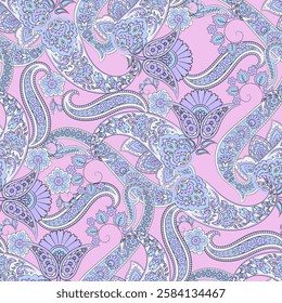 Turkish Cucumber Paisley. Seamless vector pattern in traditional oriental style with flowers, leaves and fantasy elements. Fabric and wallpaper cover