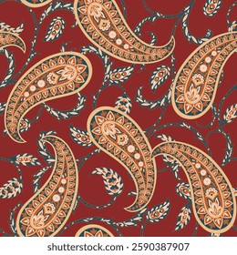Turkish Cucumber Paisley. Seamless vector pattern in traditional oriental style with flowers, leaves and fantasy elements. Fabric and wallpaper cover