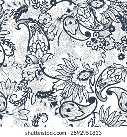 Turkish Cucumber Paisley seamless vector pattern in traditional Oriental style. Decorated with flowers, leaves, and fantasy elements, for fabric, textile and wallpaper covers