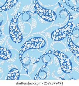 Turkish Cucumber Paisley. Seamless vector pattern in traditional oriental style with flowers, leaves and fantasy elements. Fabric and wallpaper cover