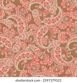 Turkish Cucumber Paisley seamless vector pattern in traditional Oriental style. Decorated with flowers, leaves, and fantasy elements, for fabric, textile and wallpaper covers