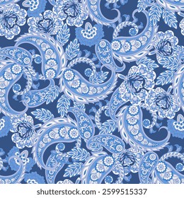 Turkish Cucumber Paisley seamless vector pattern in traditional Oriental style. Decorated with flowers, leaves, and fantasy elements, for fabric, textile and wallpaper covers