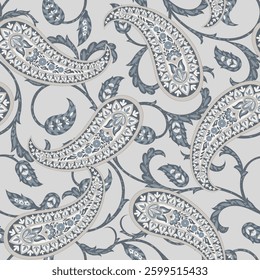 Turkish Cucumber Paisley. Seamless vector pattern in traditional oriental style with flowers, leaves and fantasy elements. Fabric and wallpaper cover