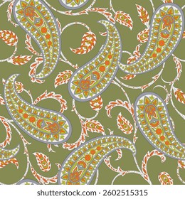 Turkish Cucumber Paisley. Seamless vector pattern in traditional oriental style with flowers, leaves and fantasy elements. Fabric and wallpaper cover