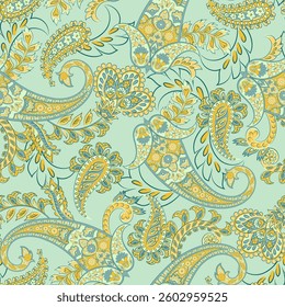 Turkish Cucumber Paisley. Seamless vector pattern in traditional oriental style with flowers, leaves and fantasy elements. Fabric and wallpaper cover