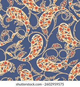 Turkish Cucumber Paisley. Seamless vector pattern in traditional oriental style with flowers, leaves and fantasy elements. Fabric and wallpaper cover