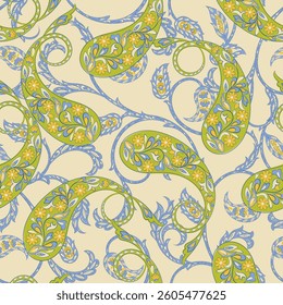 Turkish Cucumber Paisley. Seamless vector pattern in traditional oriental style with flowers, leaves and fantasy elements. Fabric and wallpaper cover