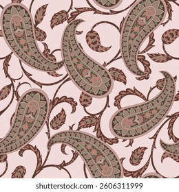 Turkish Cucumber Paisley. Seamless vector pattern in traditional oriental style with flowers, leaves and fantasy elements. Fabric and wallpaper cover