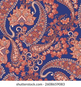 Turkish Cucumber Paisley seamless vector pattern in traditional Oriental style. Decorated with flowers, leaves, and fantasy elements, for fabric, textile and wallpaper covers