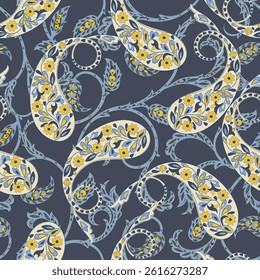 Turkish Cucumber Paisley. Seamless vector pattern in traditional oriental style with flowers, leaves and fantasy elements. Fabric and wallpaper cover