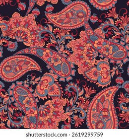 Turkish Cucumber Paisley seamless vector pattern in traditional Oriental style. Decorated with flowers, leaves, and fantasy elements, for fabric, textile and wallpaper covers