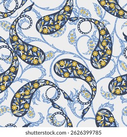 Turkish Cucumber Paisley. Seamless vector pattern in traditional oriental style with flowers, leaves and fantasy elements. Fabric and wallpaper cover