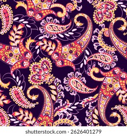 Turkish Cucumber Paisley. Seamless vector pattern in traditional oriental style with flowers, leaves and fantasy elements. Fabric and wallpaper cover