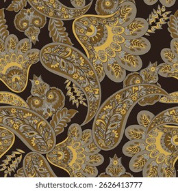 Turkish Cucumber Paisley seamless vector pattern in traditional Oriental style. Decorated with flowers, leaves, and fantasy elements, for fabric, textile and wallpaper covers