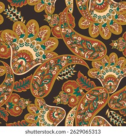 Turkish Cucumber Paisley seamless vector pattern in traditional Oriental style. Decorated with flowers, leaves, and fantasy elements, for fabric, textile and wallpaper covers