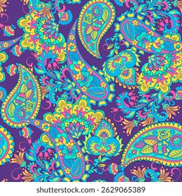 Turkish Cucumber Paisley seamless vector pattern in traditional Oriental style. Decorated with flowers, leaves, and fantasy elements, for fabric, textile and wallpaper covers
