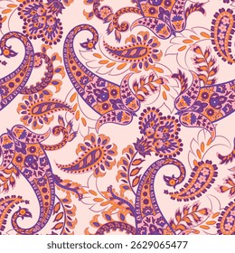 Turkish Cucumber Paisley. Seamless vector pattern in traditional oriental style with flowers, leaves and fantasy elements. Fabric and wallpaper cover