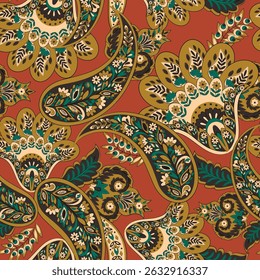 Turkish Cucumber Paisley seamless vector pattern in traditional Oriental style. Decorated with flowers, leaves, and fantasy elements, for fabric, textile and wallpaper covers