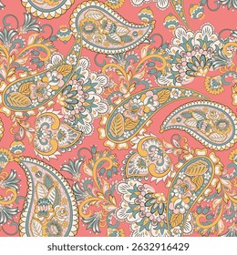Turkish Cucumber Paisley seamless vector pattern in traditional Oriental style. Decorated with flowers, leaves, and fantasy elements, for fabric, textile and wallpaper covers