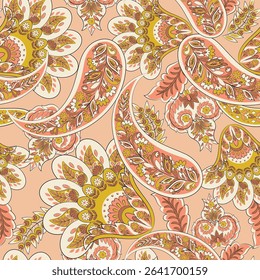 Turkish Cucumber Paisley seamless vector pattern in traditional Oriental style. Decorated with flowers, leaves, and fantasy elements, for fabric, textile and wallpaper covers