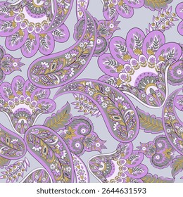 Turkish Cucumber Paisley seamless vector pattern in traditional Oriental style. Decorated with flowers, leaves, and fantasy elements, for fabric, textile and wallpaper covers