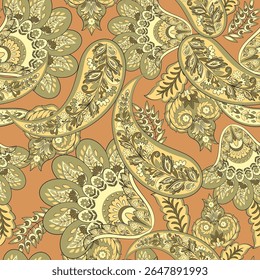Turkish Cucumber Paisley seamless vector pattern in traditional Oriental style. Decorated with flowers, leaves, and fantasy elements, for fabric, textile and wallpaper covers