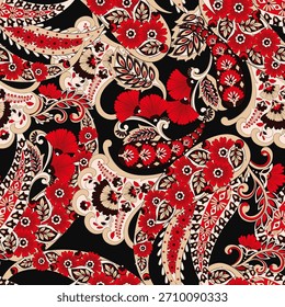 Pepino turco Paisley patrón de Vector sin fisuras en estilo oriental tradicional. Decorado con flores, hojas y Elementos de fantasía, para fundas de tela, textiles y Fondo de pantalla