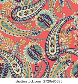 Turkish Cucumber Paisley seamless vector pattern in traditional Oriental style. Decorated with flowers, leaves, and fantasy elements, for fabric, textile and wallpaper covers