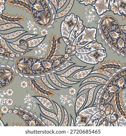 Turkish Cucumber Paisley seamless vector pattern in traditional Oriental style. Decorated with flowers, leaves, and fantasy elements, for fabric, textile and wallpaper covers