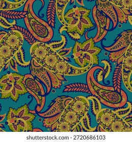 Turco Cucumber Paisley padrão vetor sem emenda no estilo oriental tradicional. Decorado com flores, folhas e elementos de fantasia, para coberturas de tecido, têxteis e papel de parede