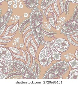 Turkish Cucumber Paisley seamless vector pattern in traditional Oriental style. Decorated with flowers, leaves, and fantasy elements, for fabric, textile and wallpaper covers