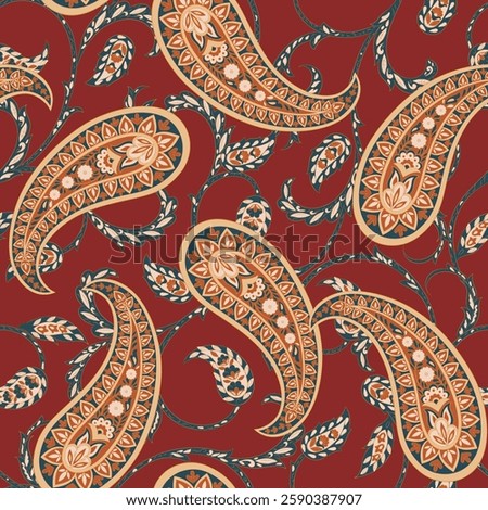 Turkish Cucumber Paisley. Seamless vector pattern in traditional oriental style with flowers, leaves and fantasy elements. Fabric and wallpaper cover