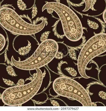 Turkish Cucumber Paisley. Seamless vector pattern in traditional oriental style with flowers, leaves and fantasy elements. Fabric and wallpaper cover