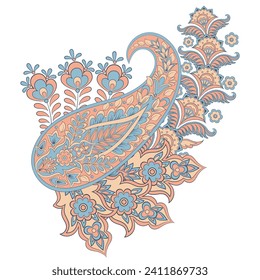Turkish Cucumber Paisley. Vector pattern in traditional oriental style with flowers, leaves and fantasy elements. 
