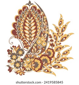 Turco Cucumber Paisley. Patrón vectorial en estilo oriental tradicional con flores, hojas y elementos de fantasía. 