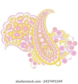 Turkish Cucumber Paisley. Vector pattern in traditional oriental style with flowers, leaves and fantasy elements. 