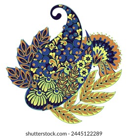 Turkish Cucumber Paisley. Vector pattern in traditional oriental style with flowers, leaves and fantasy elements. 