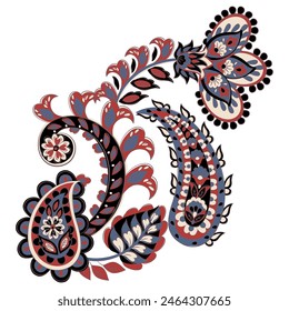 Turkish Cucumber Paisley. Vector pattern in traditional oriental style with flowers, leaves and fantasy elements.