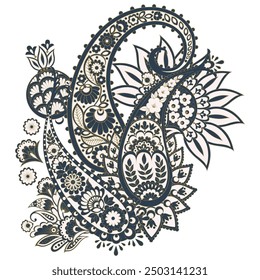 Turkish Cucumber Paisley. Vector pattern in traditional oriental style with flowers, leaves and fantasy elements. 
