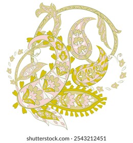 Turkish Cucumber Paisley. Vector pattern in traditional oriental style with flowers, leaves and fantasy elements. 