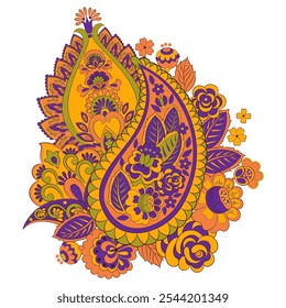 Turkish Cucumber Paisley. Vector pattern in traditional oriental style with flowers, leaves and fantasy elements. 